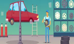 Mechanik w warsztacie z czerwonym Peugeot 206 na podnośniku, zastanawia się, jakie opony do peugeot 206 wybrać, przeglądając zapas felg.
