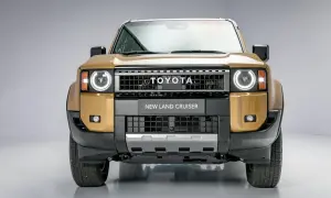 Złoty Toyota Land Cruiser 2020 z okrągłymi światłami i napisem "NEW LAND CRUISER" na grillu.