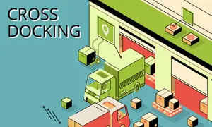 Ilustracja przedstawia proces cross docking: ciężarówki rozładowują paczki bezpośrednio do magazynu, gdzie są natychmiast przeładowywane na inne pojazdy.