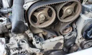 Silnik Ford Kuga MK1. Widoczny pasek rozrządu i koła zębate. Może to być przyczyną komunikatu "usterka silnika".