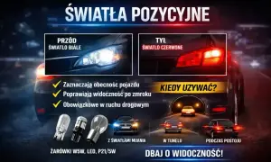 Białe światła z przodu i czerwone z tyłu poprawiają widoczność pojazdu, szczególnie po zmroku. Używaj ich w tunelu i podczas postoju. Dobre światła w samochodzie to bezpieczeństwo.