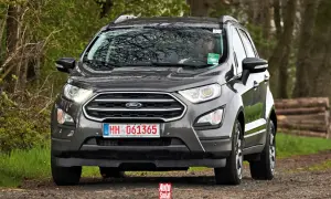 Szary Ford Ecosport na leśnej drodze. Kierowca w okularach za kierownicą.