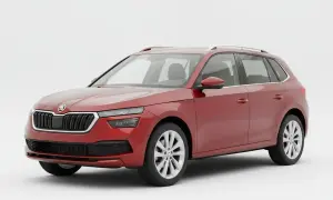 Czerwony Skoda Kamiq 2024, kompaktowy SUV, prezentuje się stylowo na białym tle.