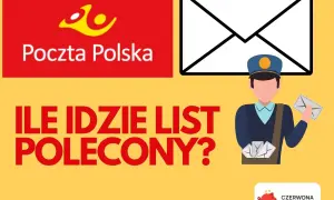 Poczta Polska pyta: ile idzie list polecony? Grafika z listonoszem i kopertami.