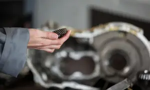 Dłoń trzyma zębate koło, element mechanizmu, być może z **hipol**itu. W tle widać rozłożoną skrzynię biegów.