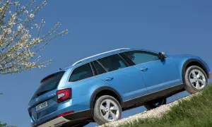 Niebieska Skoda Octavia 2 na tle błękitnego nieba, z widocznymi oponami i felgami.