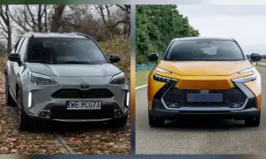 Dwa SUV-y Toyoty: szary model z 2018 roku i żółty, nowszy model, prezentują swoje przednie części.