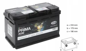 Akumulator Prima AGM 12V-80Ah 800A, idealny do BMW E60 530d. Wymiary: 310x175x190 mm.