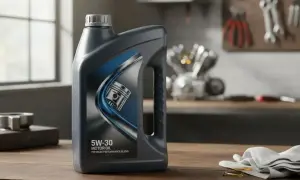 Olej silnikowy 5W-30 w ciemnej butelce z grafiką tłoka. Idealny do rankingu olejów silnikowych 5W30.