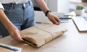 Ręce wiążą sznurkiem paczkę owiniętą w papier. Gdzie nadać mini paczkę Poczta Polska?