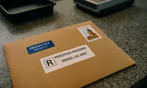 Koperta z naklejkami "PRIORYTET PRIORITY" i "PRZESYŁKA POLECONA" z numerem identyfikacyjnym.