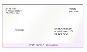 Poprawnie jak adresowac list: nadawca Jan Kowalski, odbiorca Krystyna Nowak. Pole "PRIORYTET" i "Opłata pocztowa" widoczne.