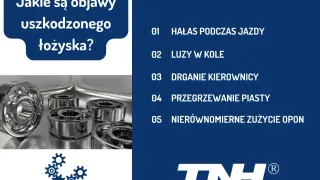 Kilka łożysk w kole, gotowych do montażu. Obok lista objawów uszkodzenia: hałas, luzy, drgania, przegrzewanie i nierównomierne zużycie opon.