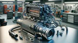 Silnik Toyoty z widocznymi elementami, jakby przygotowany do diagnozy DTC P0420. W tle warsztat z narzędziami.