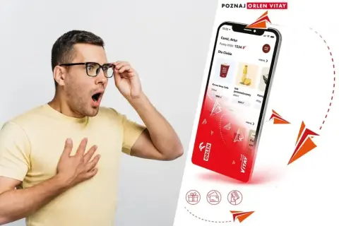 Zaskoczony mężczyzna odkrywa, na co można wymienić punkty Orlen w aplikacji Vitay – kawę, sok, a może pierogi?