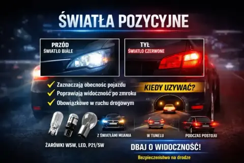 Białe światła z przodu i czerwone z tyłu poprawiają widoczność pojazdu, szczególnie po zmroku. Używaj ich w tunelu i podczas postoju. Dobre światła w samochodzie to bezpieczeństwo.