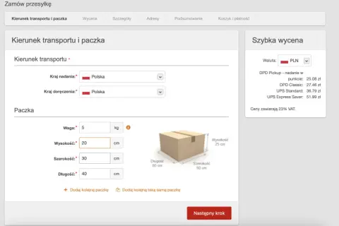 Formularz zamówienia przesyłki. Wpisz wymiary paczki, aby sprawdzić pocztex czas dostawy i ceny.
