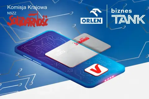 Karta podarunkowa Orlen na tle telefonu z grafiką obwodów drukowanych. Logo "Solidarności" i "Biznes Tank".