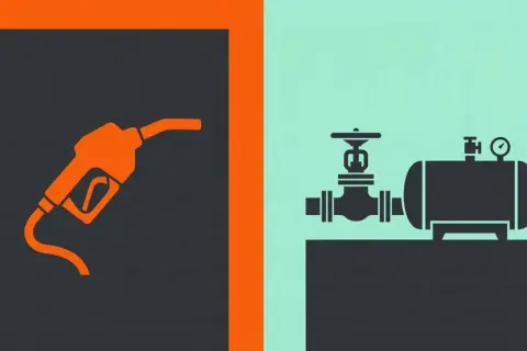 Dwie ikony: pistolet do tankowania i zbiornik z zaworem i manometrem. Symbolizują cenę LPG.