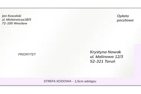 Poprawnie jak adresowac list: nadawca Jan Kowalski, odbiorca Krystyna Nowak. Pole "PRIORYTET" i "Opłata pocztowa" widoczne.