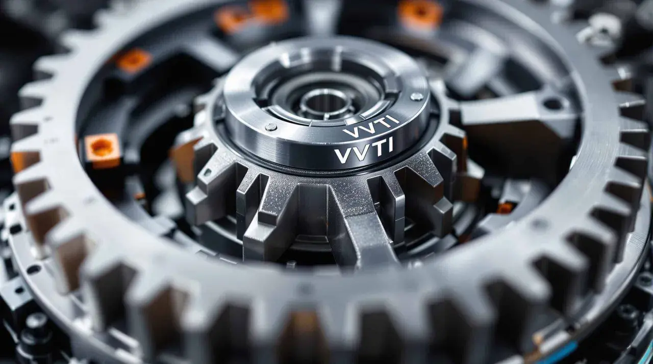 Precyzyjne koło zmiennych faz rozrządu VVTi, kluczowy element silnika, z widocznymi zębatkami i detalami mechanicznymi.