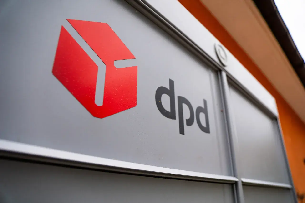 Logo DPD na szarej powierzchni, gotowe do dpd wysyłka palety.