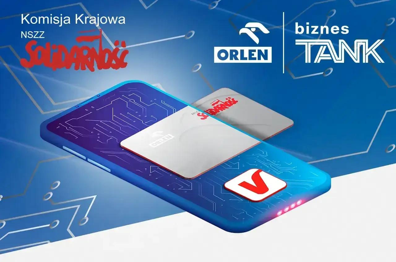Karta podarunkowa Orlen na tle telefonu z grafiką obwodów drukowanych. Logo "Solidarności" i "Biznes Tank".