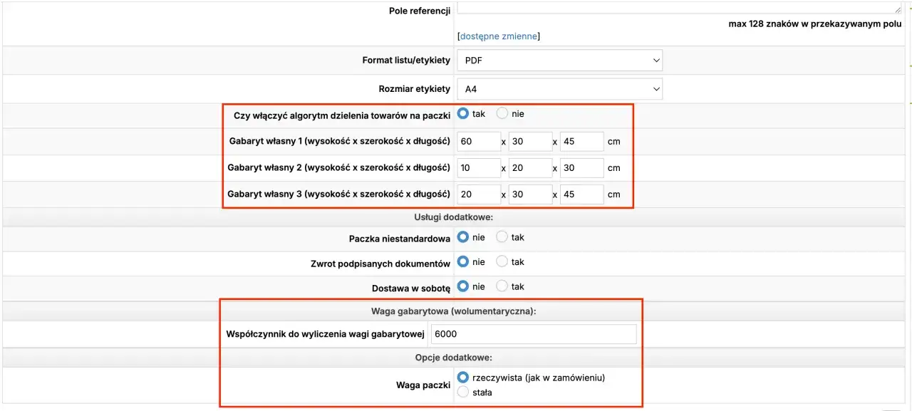 Ustawienia wagi gabarytowej DPD: współczynnik 6000 do wyliczenia wagi wolumetrycznej, zdefiniowane gabaryty paczek i opcje wagi.