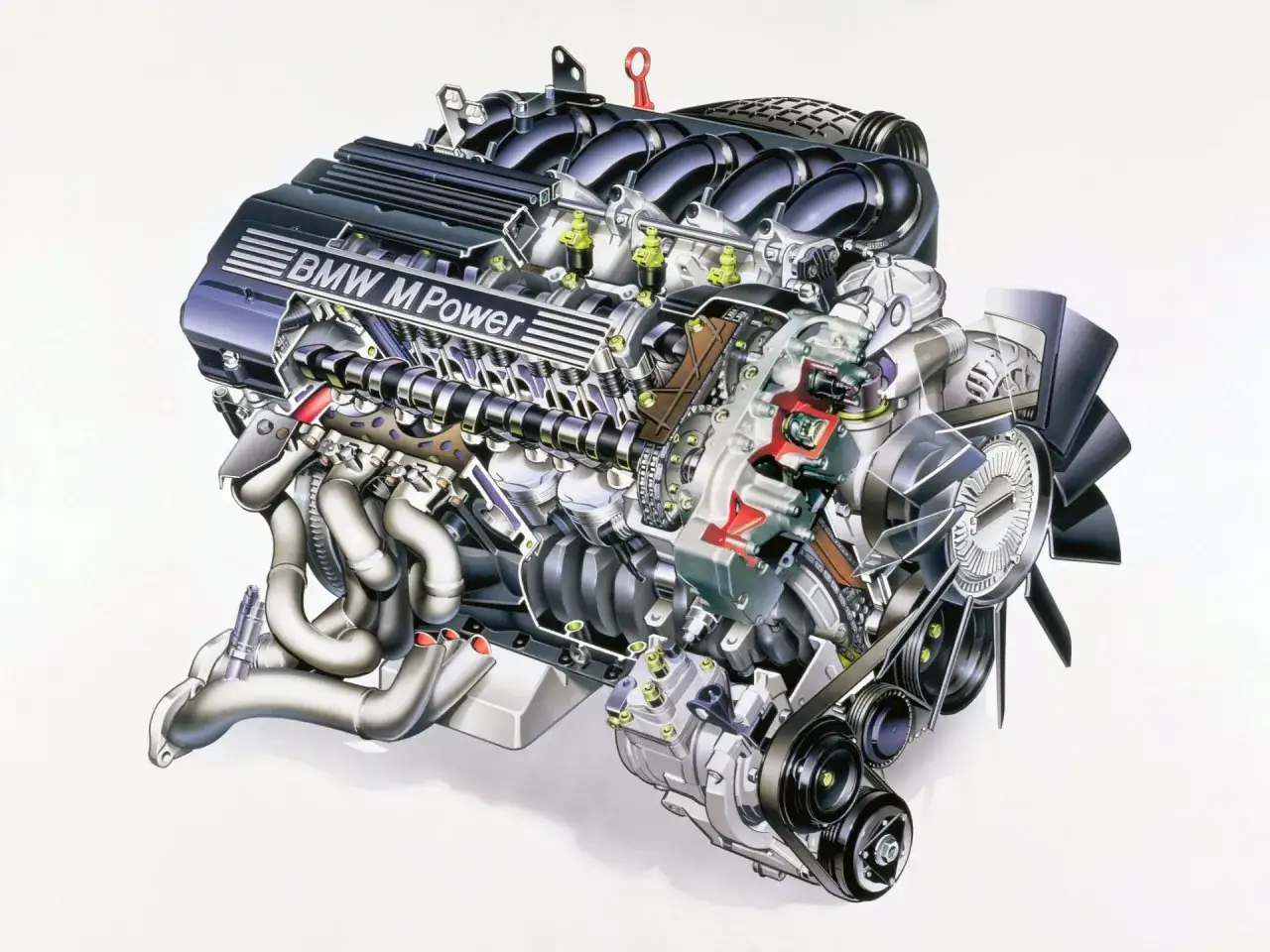 Przekrój silnika BMW M Power. Może to być pomocne przy diagnozowaniu problemów, takich jak dtc p0015 bmw.