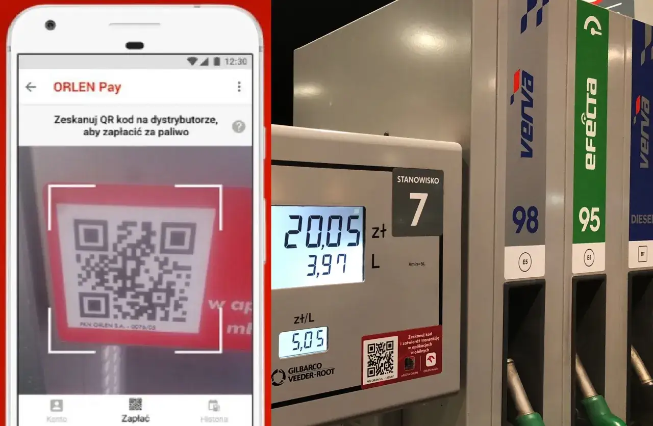 Aplikacja ORLEN Pay na telefonie pokazuje kod QR do zeskanowania przy dystrybutorze paliwa. Obok widoczny jest dystrybutor z cenami i numerem stanowiska.