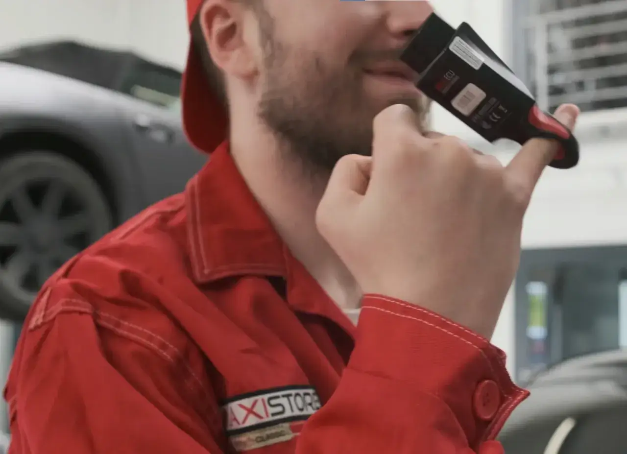 Mechanik w czerwonym kombinezonie analizuje urządzenie diagnostyczne, być może szukając przyczyn ssangyong korando awarie.