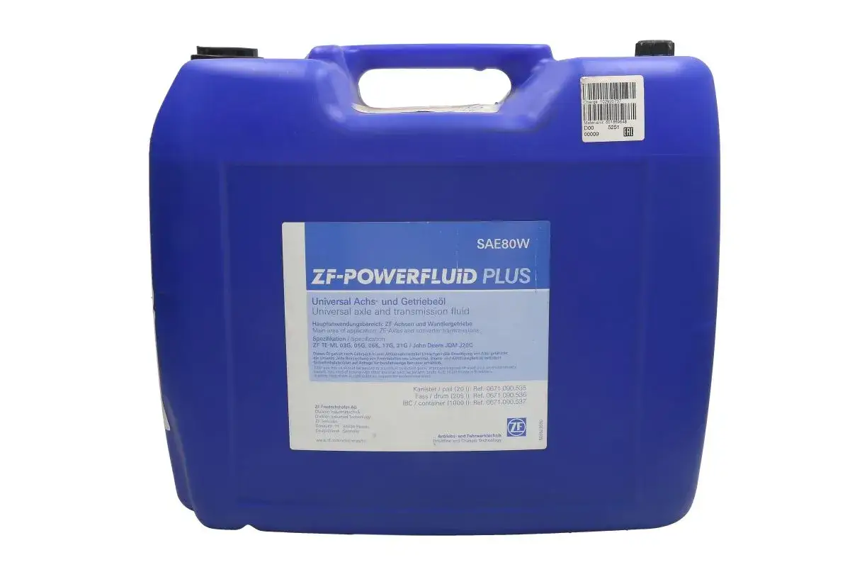 Niebieski kanister z płynem do hipoli, ZF-POWERFLUID PLUS SAE80W. Przeznaczony do osi i przekładni, spełnia normy ZF TE-ML.