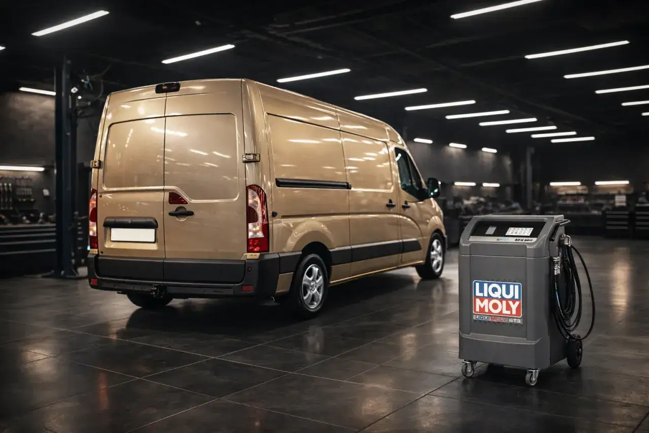 Złoty van w warsztacie obok urządzenia Liqui Moly. Sprawdzamy, ile oleju potrzeba do master 2.3.