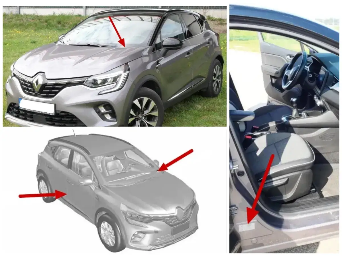 Renault Captur: lokalizacja VIN do wyszukiwania części w katalogu. Strzałki wskazują miejsca z numerem VIN.