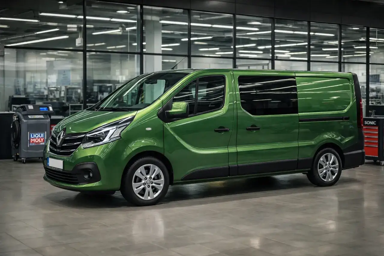 Zielony Renault Trafic 2.0 dCi, gotowy na wymianę oleju. W tle widać sprzęt serwisowy.