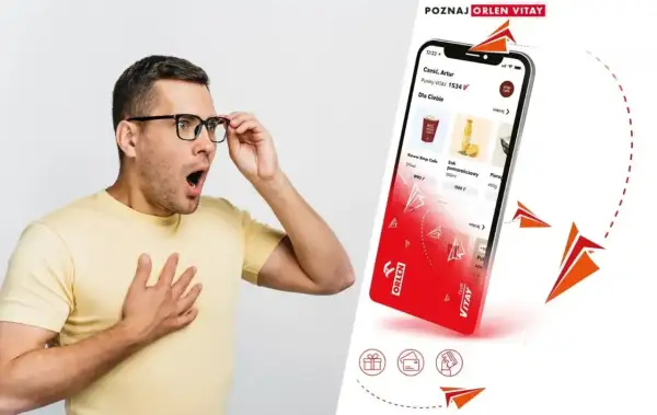 Zaskoczony mężczyzna odkrywa, na co można wymienić punkty Orlen w aplikacji Vitay – kawę, sok, a może pierogi?