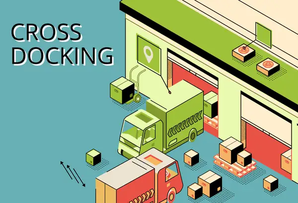 Ilustracja przedstawia proces cross docking: ciężarówki rozładowują paczki bezpośrednio do magazynu, gdzie są natychmiast przeładowywane na inne pojazdy.