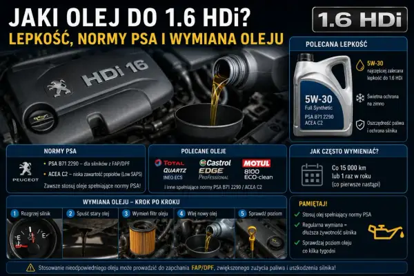 Dobierz olej po VIN do 1.6 HDi. Zalecana lepkość 5W-30, normy PSA B71 2290 / ACEA C2. Wymiana co 15 tys. km lub raz w roku.