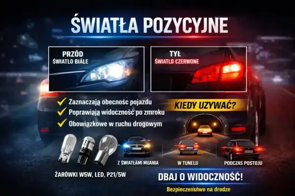 Światła postojowe: białe z przodu, czerwone z tyłu. Poprawiają widoczność po zmroku i są obowiązkowe. Dbanie o widoczność to bezpieczeństwo na drodze.