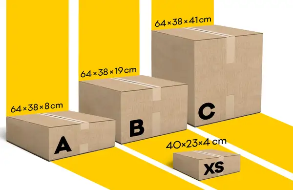 Pudełka InPost: XS (40x23x4 cm), A (64x38x8 cm), B (64x38x19 cm), C (64x38x41 cm). Wybierz odpowiedni wymiar!