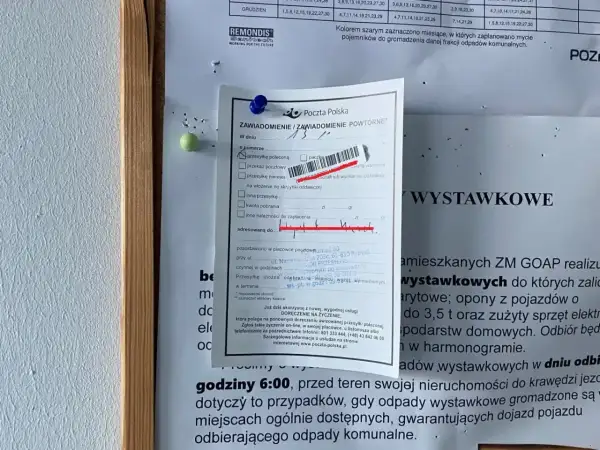Awizo z Poczty Polskiej. Zawiadomienie o próbie doręczenia przesyłki poleconej.