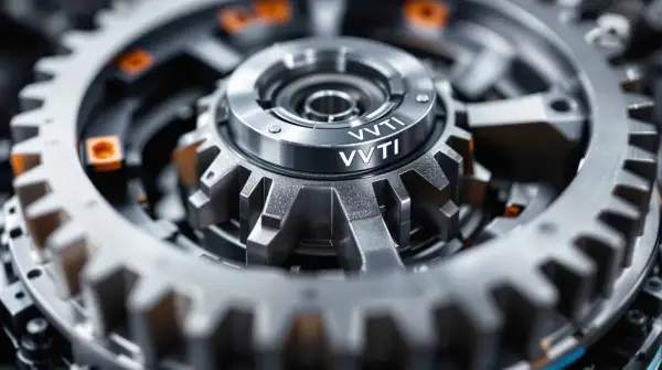 Precyzyjne koło zmiennych faz rozrządu VVTi, kluczowy element silnika, z widocznymi zębatkami i detalami mechanicznymi.