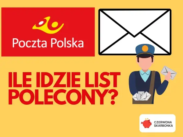 Poczta Polska pyta: ile idzie list polecony? Grafika z listonoszem i kopertami.