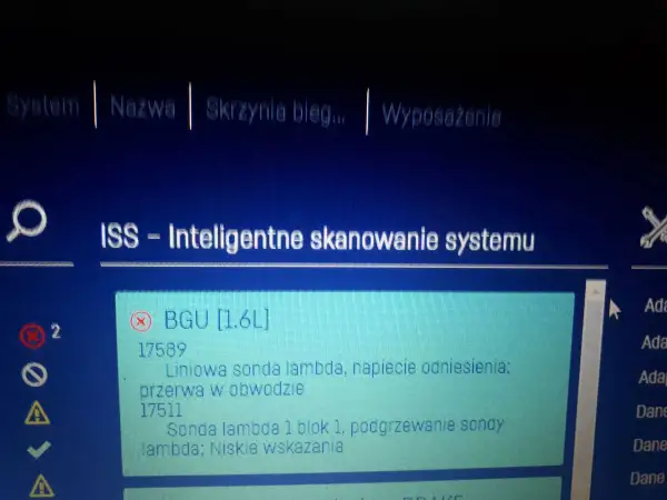 Błąd sondy lambda w BGU [1.6L], p1641: przerwa w obwodzie i niskie wskazania podgrzewania.