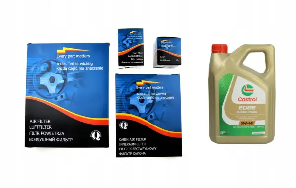 Zestaw filtrów powietrza, kabinowego, paliwa i oleju oraz olej silnikowy Castrol EDGE 5W-40 Turbo Diesel. Idealny wybór, jaki olej do Passata B5 1.9 TDI.