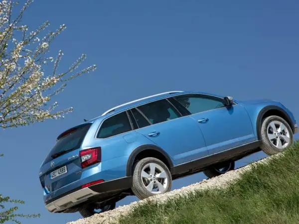 Niebieska Skoda Octavia 2 na tle błękitnego nieba, z widocznymi oponami i felgami.