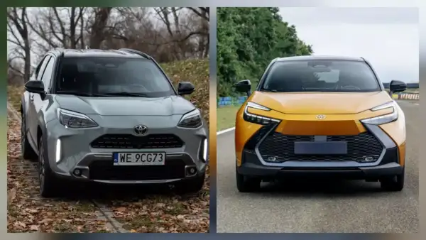 Dwa SUV-y Toyoty: szary model z 2018 roku i żółty, nowszy model, prezentują swoje przednie części.