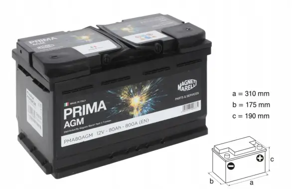Akumulator Prima AGM 12V-80Ah 800A, idealny do BMW E60 530d. Wymiary: 310x175x190 mm.