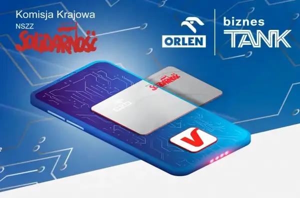 Karta podarunkowa Orlen na tle telefonu z grafiką obwodów drukowanych. Logo "Solidarności" i "Biznes Tank".