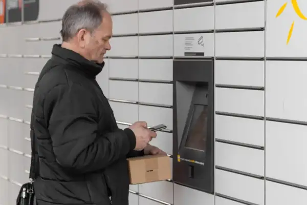 Mężczyzna z paczką i telefonem przy paczkomacie tymczasowym.